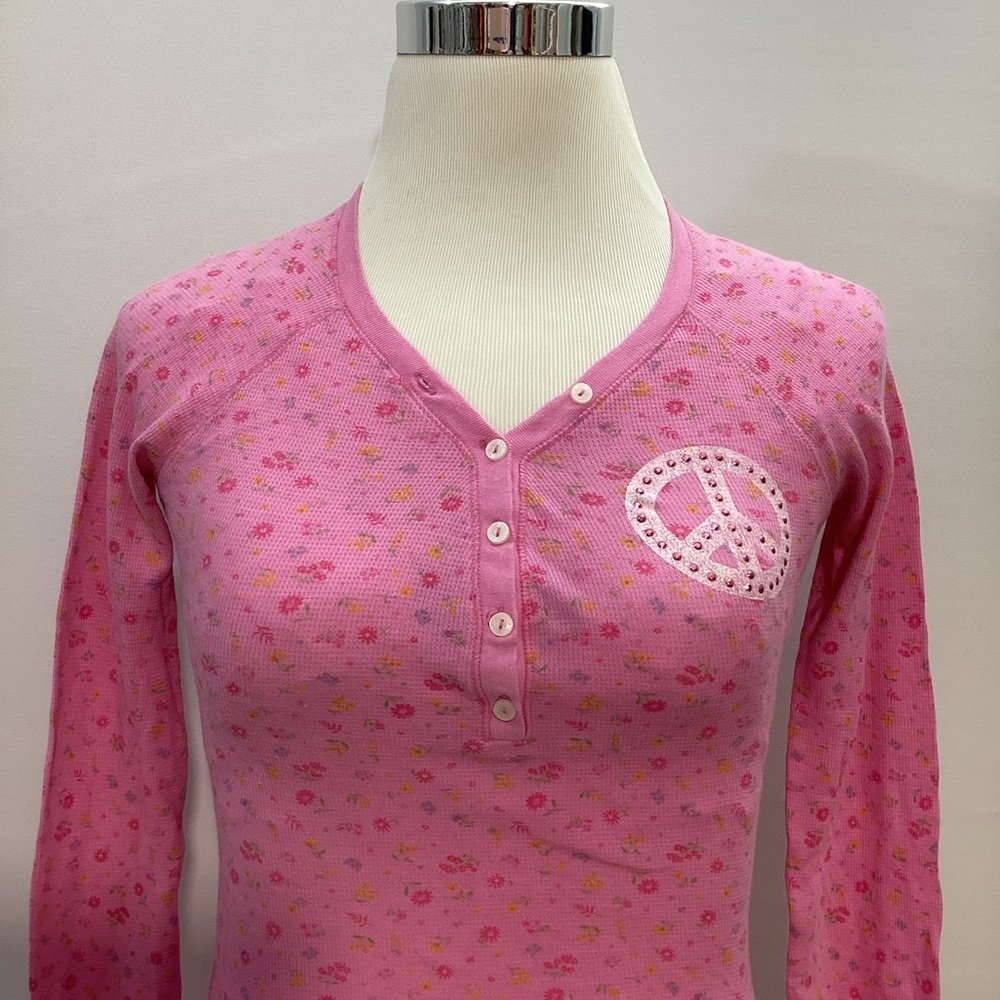 PINK Victoria's Secret Retro Pink Top Floral Long Sleeve with Front Button Sz M - Picture 2 of 13